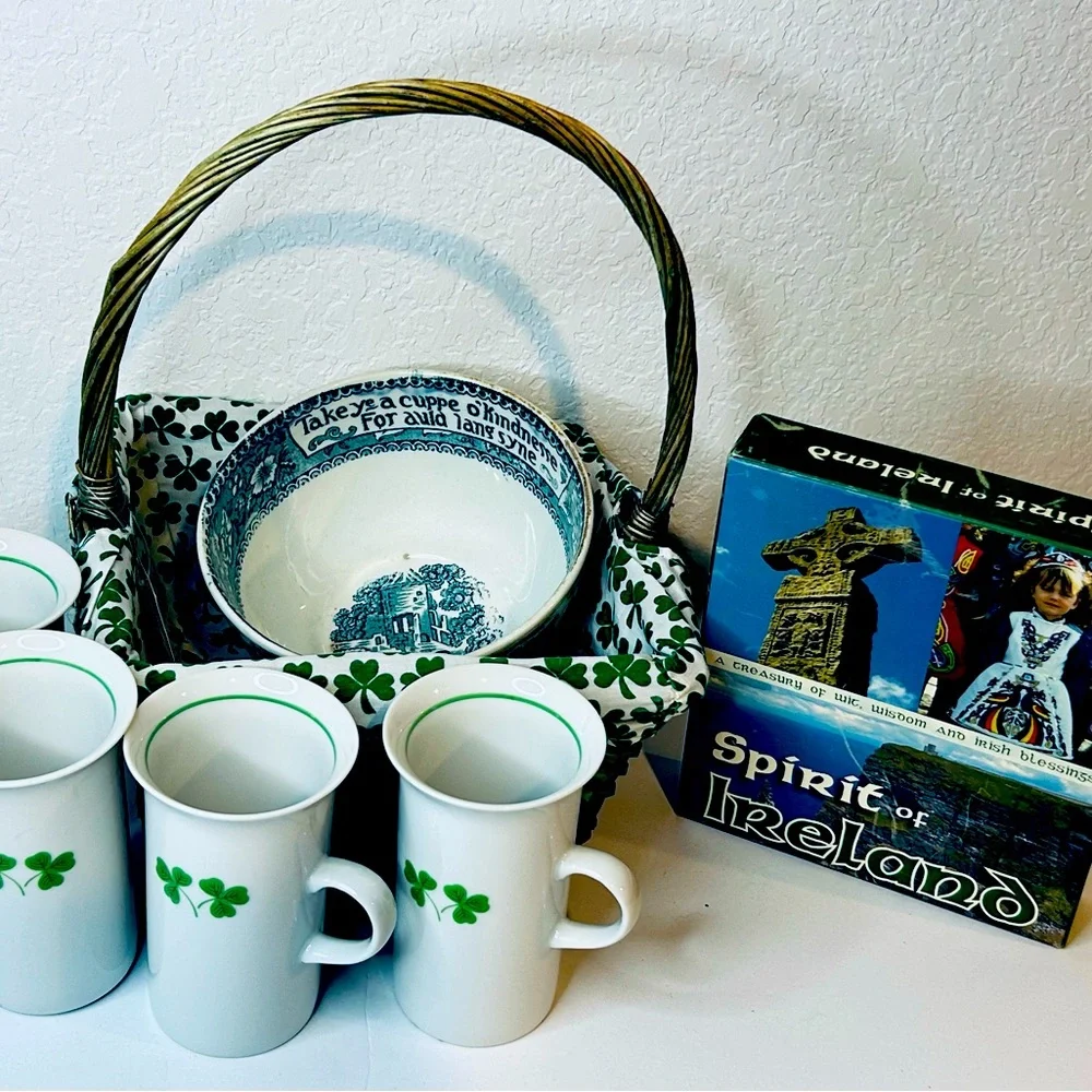 Vintage Irish Coffee set, porcelain transferware bowl, shamrock basket bundle